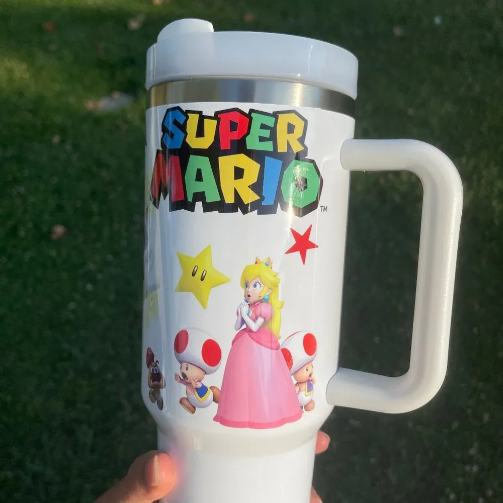 Custom Nintendo Super Mario Bros Tumbler 40 oz tumbler with hand carry handle. B